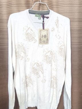 Jack Olive Luxury  Cream V-Neck Vintage Sweater with Beige Print